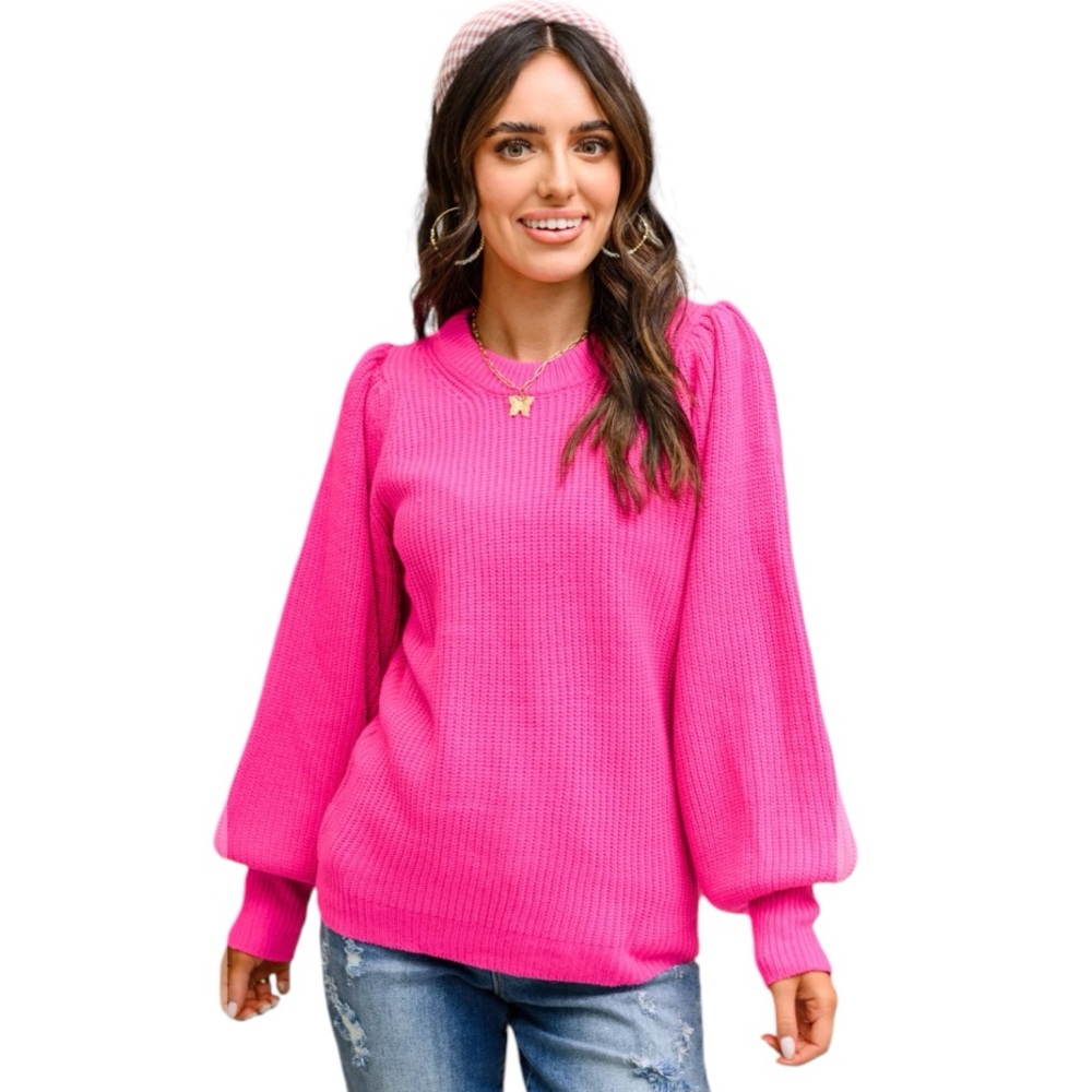 JODIFL ANTHROPOLOGIE HOT PINK RIBBED KNIT BALLOON  LONG SLEEVE SWEATER SZ SMALL